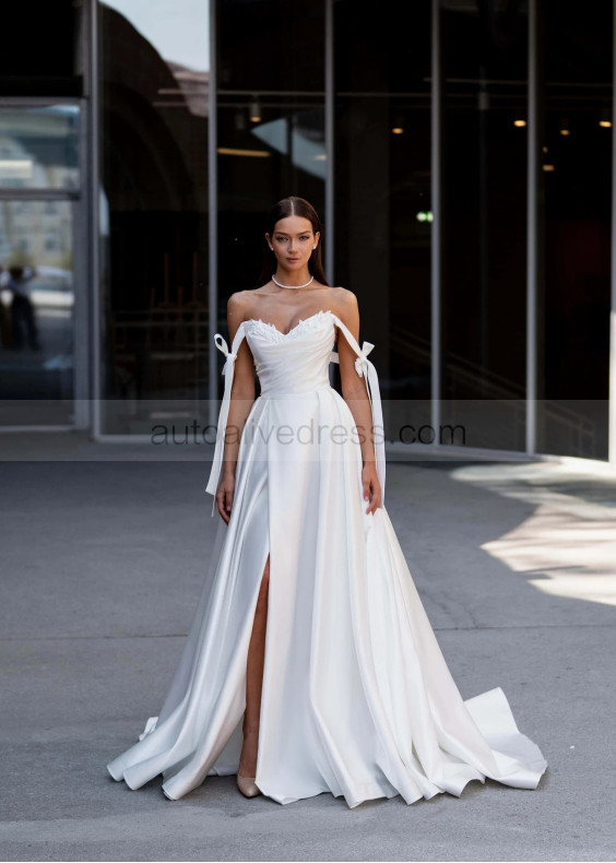 Tie Straps Beaded White Satin Slit Elegant Wedding Dress